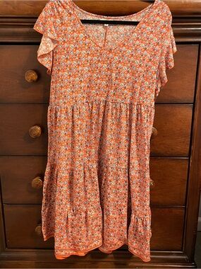 Max studio 1x flare tier flutter v neck pull on dress peach orange floral travel